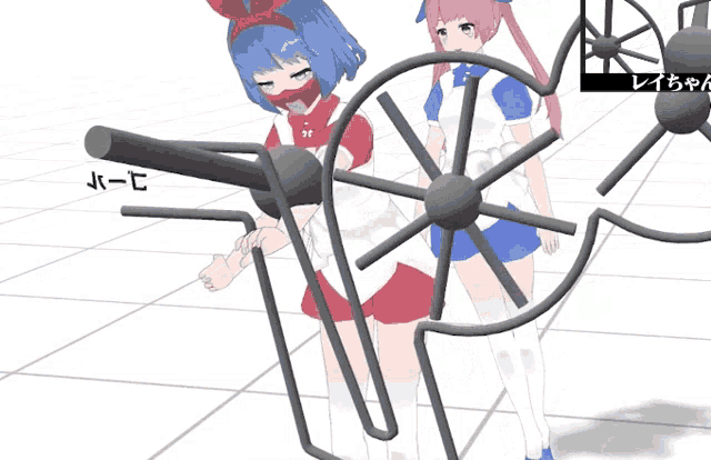 two anime girls are standing next to a wheel with the letters j-e on it