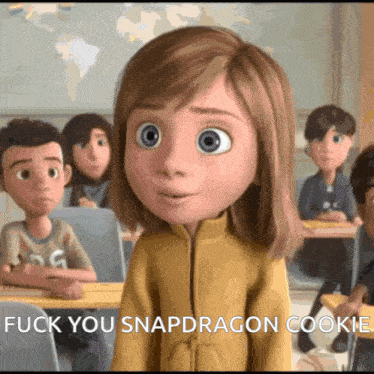 a cartoon girl says " fuck you snapdragon cookie " in front of a classroom