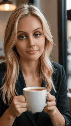 a woman holding a cup of coffee with muglife.com written on the bottom right
