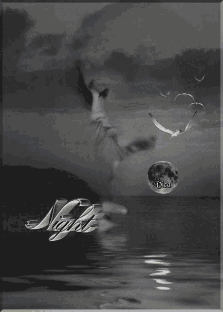 a black and white photo of a woman with the word night on the bottom right
