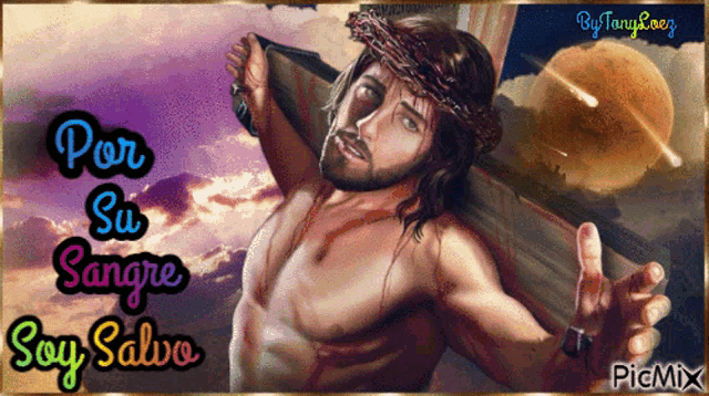 a painting of jesus with the words por su sangre soy salva