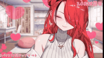 a girl with red hair is smiling in a room with hearts around her