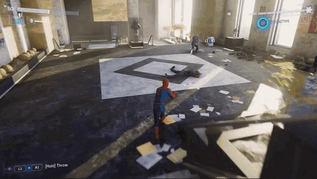 a screenshot of a video game shows a character named spider-man standing in a room