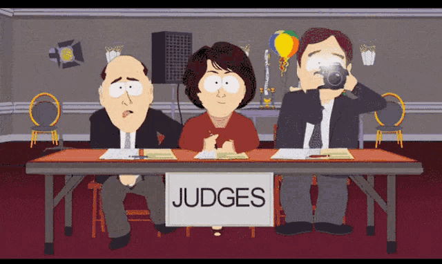 three cartoon characters sit at a table with a sign that says " judges "