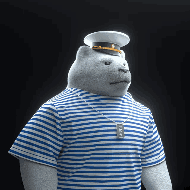 a teddy bear wearing a striped shirt and a hat has a dog tag that says i.m.o.m.