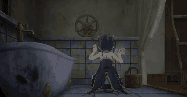 a girl in a bathtub is holding a sign that says play