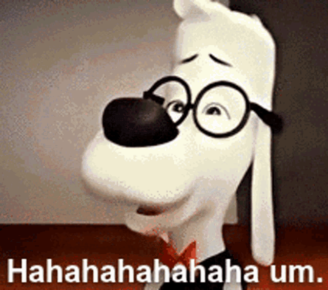 a cartoon dog wearing glasses and a bow tie is laughing and smiling .