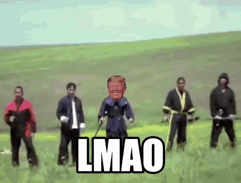 a group of men are standing in a grassy field with a donald trump puppet in the middle and the words lmao above them