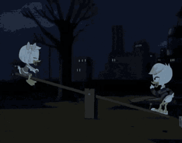 two cartoon characters are playing on a seesaw in the dark