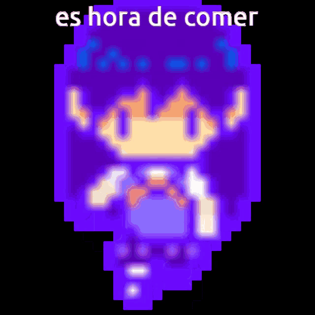 a pixel art of a girl with purple hair and the words `` es hora de comer '' .
