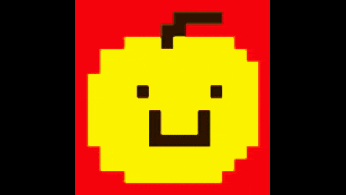 a pixel art drawing of a yellow apple with an angry look on its face