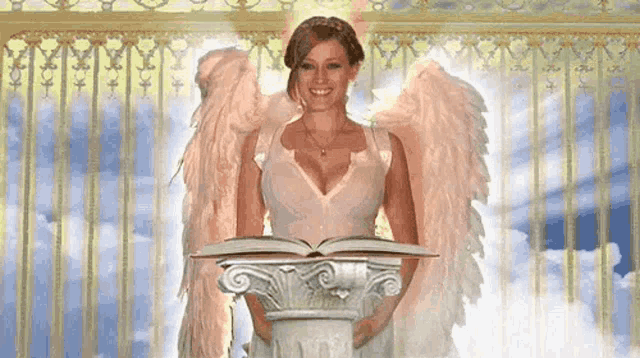 a woman with angel wings is holding an open book .