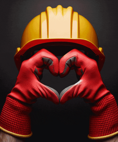 a person making a heart shape with their hands and a hard hat