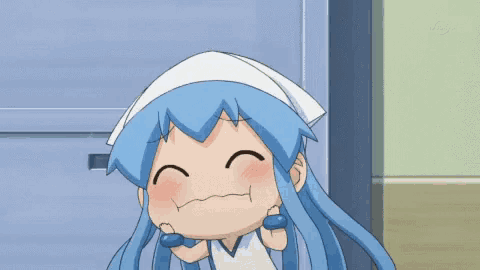 a cartoon character with blue hair and a white headband