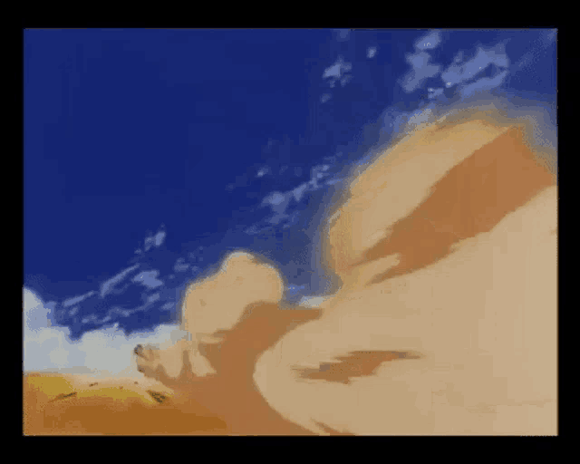 a cartoon drawing of a person flying through the air with a blue sky in the background .