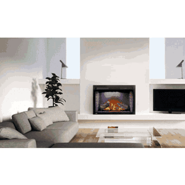 a living room with a fireplace and a tv
