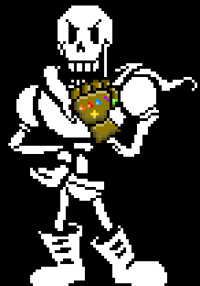 a pixel art drawing of papyrus holding the infinity gauntlet .