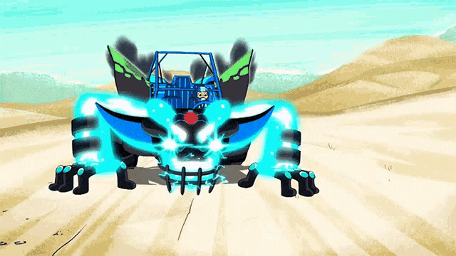 a cartoon drawing of a monster driving a buggy in the desert