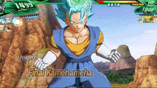 a video game screen shows a character named vegito fighting another character named final kamehameha