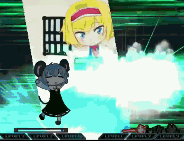 a video game screen shows a mouse and a girl with the words level 2 on it