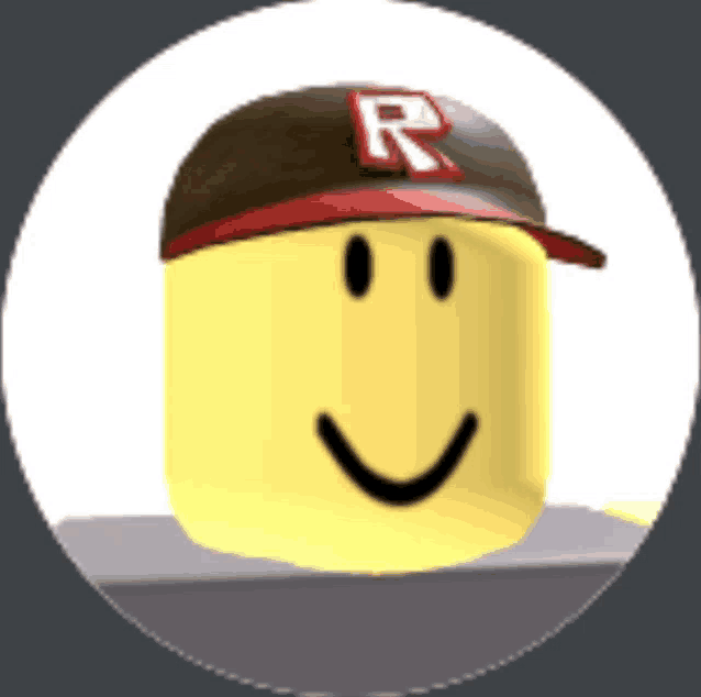 a yellow roblox character wearing a hat with the letter r on it