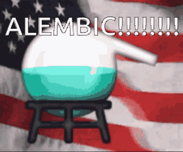 an american flag is behind a beaker with the word alembic on it