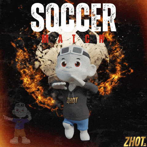 a soccer match poster with a cartoon character in front of a fireball