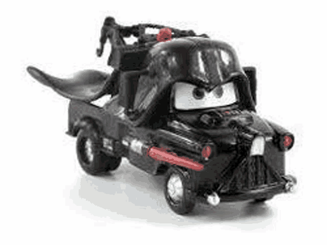 a toy car with a darth vader helmet on it is on a white surface .