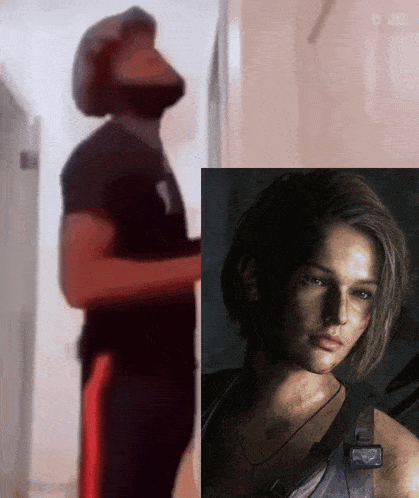 a painting of a man standing next to a painting of a woman with short hair