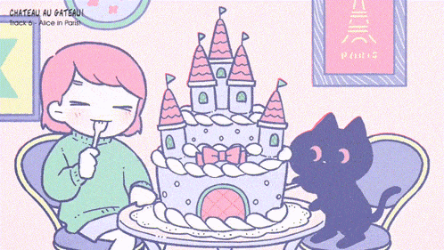 a cartoon of a girl sitting at a table with a castle cake and a black cat