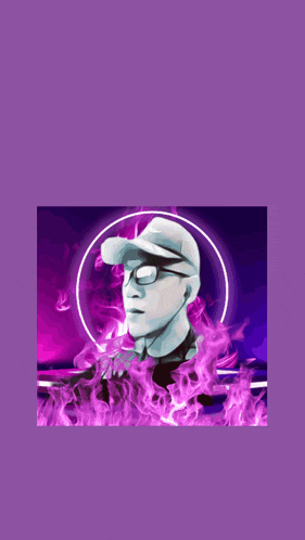 a man with glasses and a hat is surrounded by purple fire