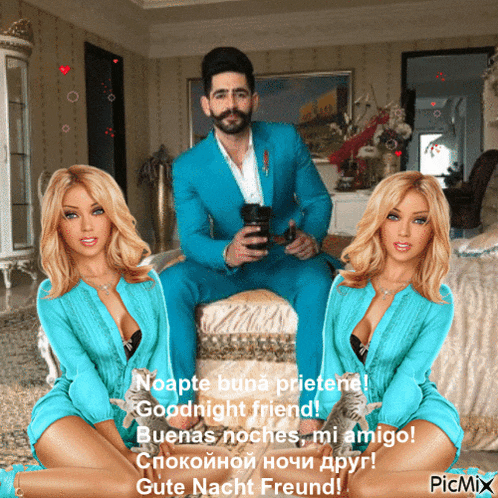 a man in a blue suit sits on a bed next to two women in blue