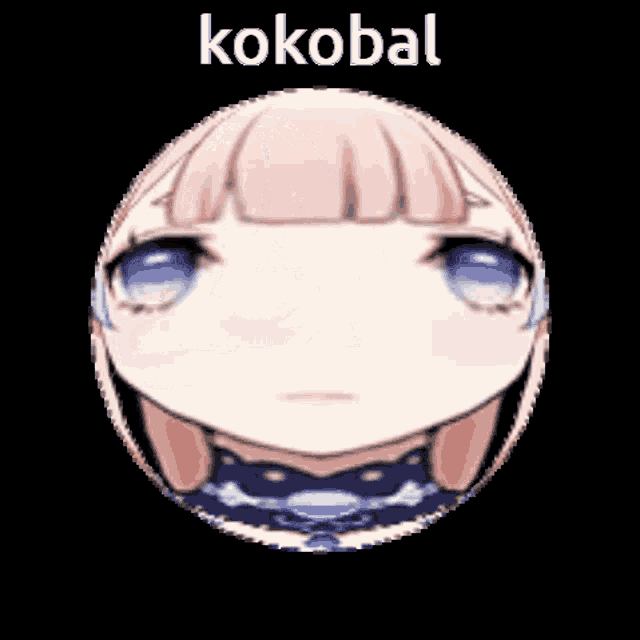a cartoon girl with pink hair and blue eyes is in a circle with the words kokobal on it .