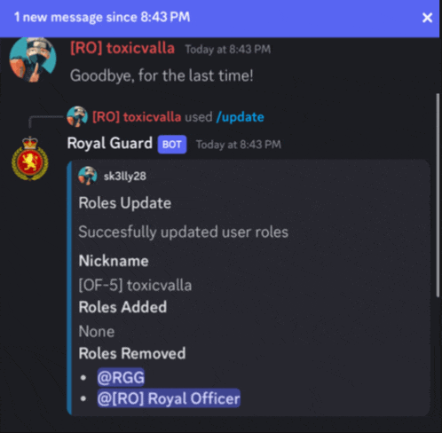 a screenshot of a discord conversation between toxicvalla and royal guard bot