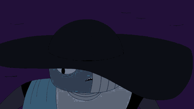 a close up of a cartoon character 's face with a black hat on
