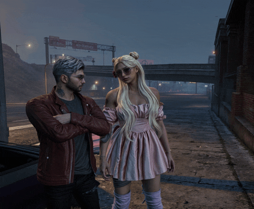 a woman in a pink dress stands next to a man in a red jacket in a video game