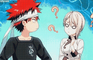 a boy with red hair and a girl with white hair are standing next to each other with question marks above them .