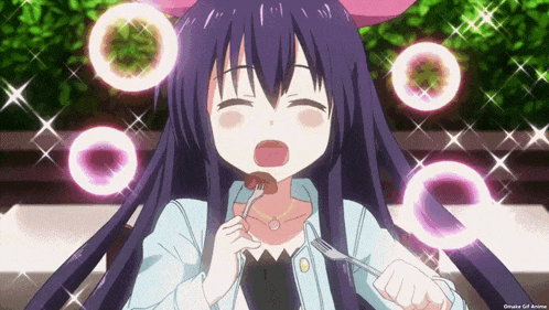 a girl with purple hair is eating a piece of meat with a fork