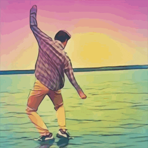 a cartoon drawing of a man flying through the air with his arms outstretched