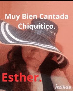 a woman wearing a black and white hat with the name esther on the bottom right