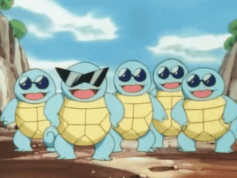 a group of cartoon turtles wearing sunglasses are walking in a line .