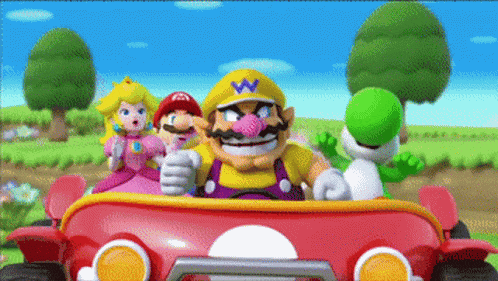 mario and his friends are riding in a red car