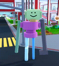 a cartoon character with a smile on his face is standing on a street