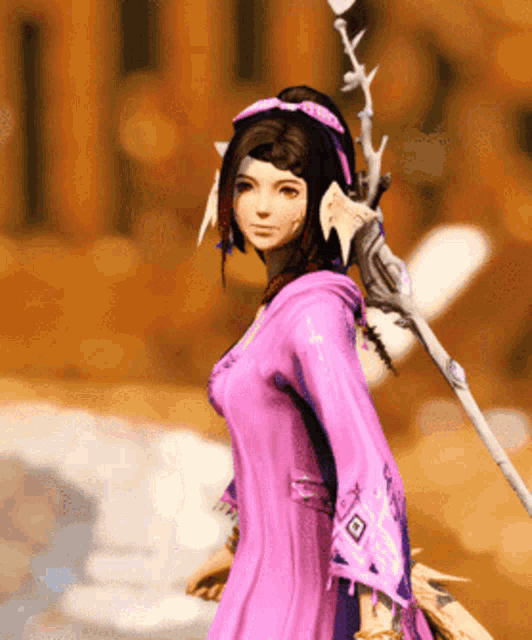 a woman in a pink dress is holding a staff