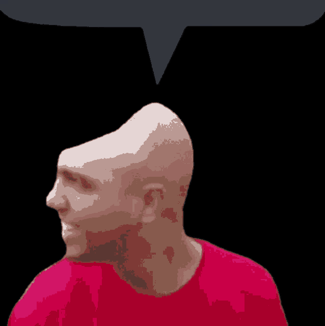 a bald man in a red shirt with a speech bubble behind him