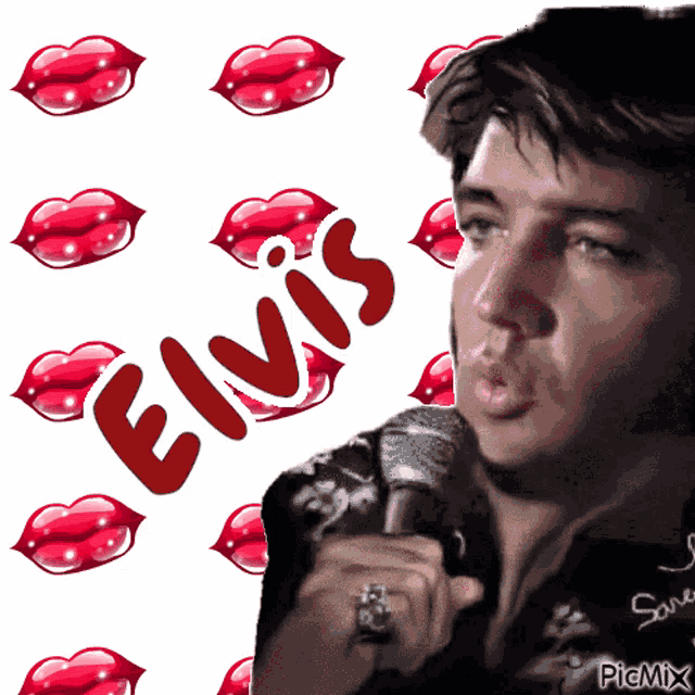 elvis presley singing into a microphone with red lips around him