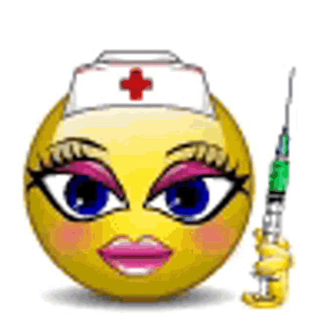 a smiley face with a nurse hat and a syringe .