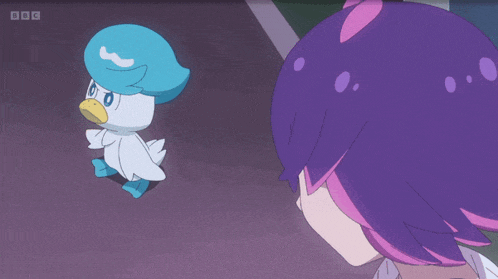 a girl with purple hair looks at a cartoon character with bbc written on the bottom