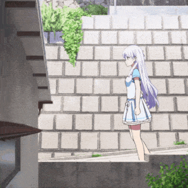 a girl with long white hair is walking down a set of steps