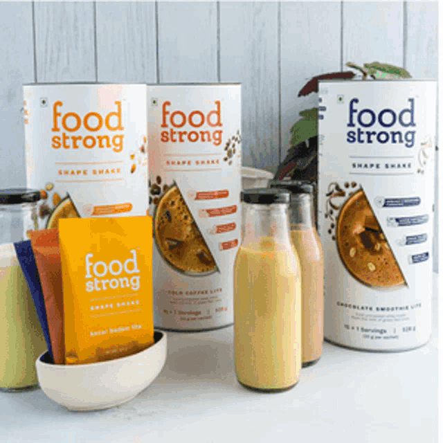 a display of food strong shape shakes and smoothies